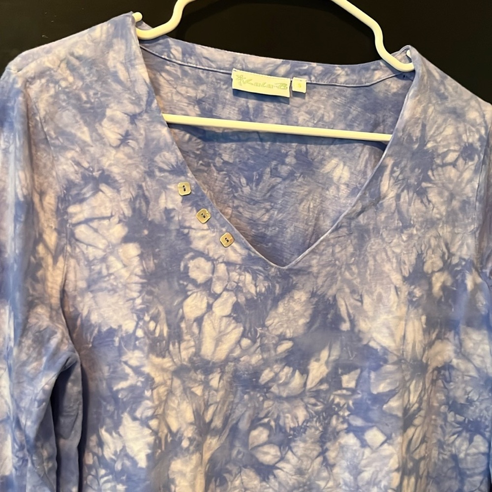 LuLu-B Womens Tunic Top 3/4 Sleeve Asymmetric Blue Tie Dye